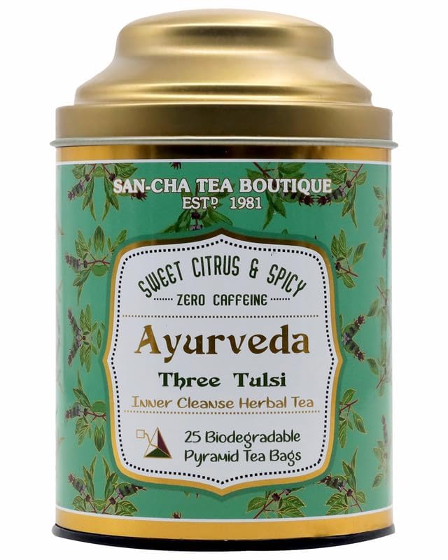 Image of Sancha Tea Boutique Tulsi Tea | Rama, Shyama & Vana Tulsi Blend | 25 Pyramid Tea Bags | Immunity Support | Caffeine-Free Ayurvedic Herbal Infusion