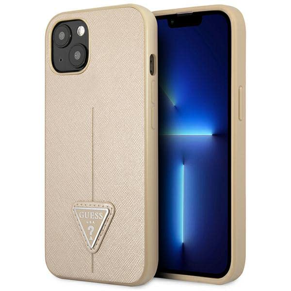 Guess GUHCP13SPSATLE Coque de Protection Rigide pour iPhone 13 Mini 5,4" Motif SaffianoTriangle Beige