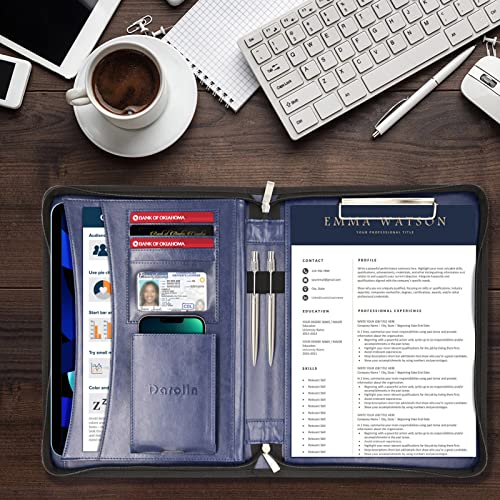 Darolin Zippered Leather Padfolio Portfolio with Hidden Handle and Clipboard, Business Conference Organizer Notepad Folder, Portfolio Bag, Padfolio for Women/Men (Blue)