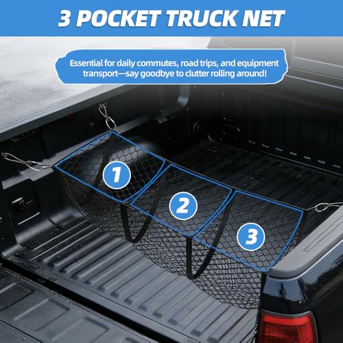3 Pocket Truck Bed Cargo Net, Heavy Duty Truck Bed Storage Organizer with Super-Stretch Elastic,Universal Cargo Netting for Pickup Trucks SUV RV – Fits Ford F-150 Toyota Tacoma Chevrolet Silverado — view 3
