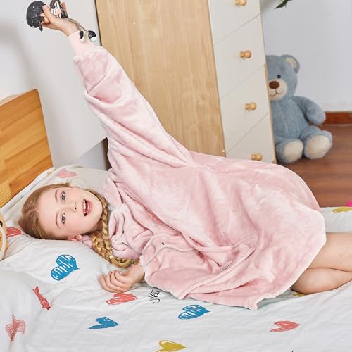 Catalonia Classy Oversize Hoodie Decke Kinder mit Ärmeln, Warm Kuscheldecke Geschenk für 110-150cm Mädchen Jungen, Übergröße Fleece Kuschelpullover mit Kapuze Decke zum Anziehen, Rose