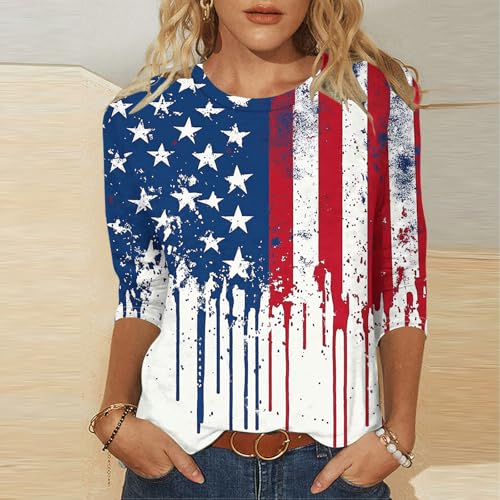Image of Fourth of July Shirts for Women 3 /4 Sleeve Summer Tops American Flag Print T Shirt Patriotic 4th of July Shirts 2025