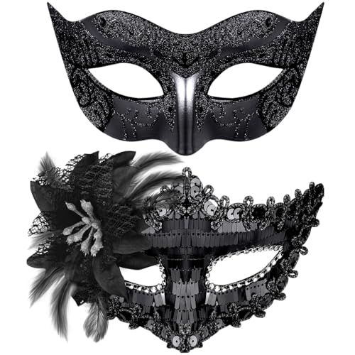 HANNEA 2 Pack Black Masquerade Mask for Women & Men Venetian Carnival Halloween Cosplay Party Mask Couple Venetian Masks Sequin Face Cover Masks for Party Night Club Carnivals Masquerade Balls
