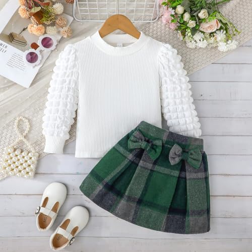 Image of Noubeau Toddler Girls Plaid Outfits Girls Puff Sleeve Knit Ribbed Shirt Tops Plaid Skirt Set Kids Fall Winter Clothes
