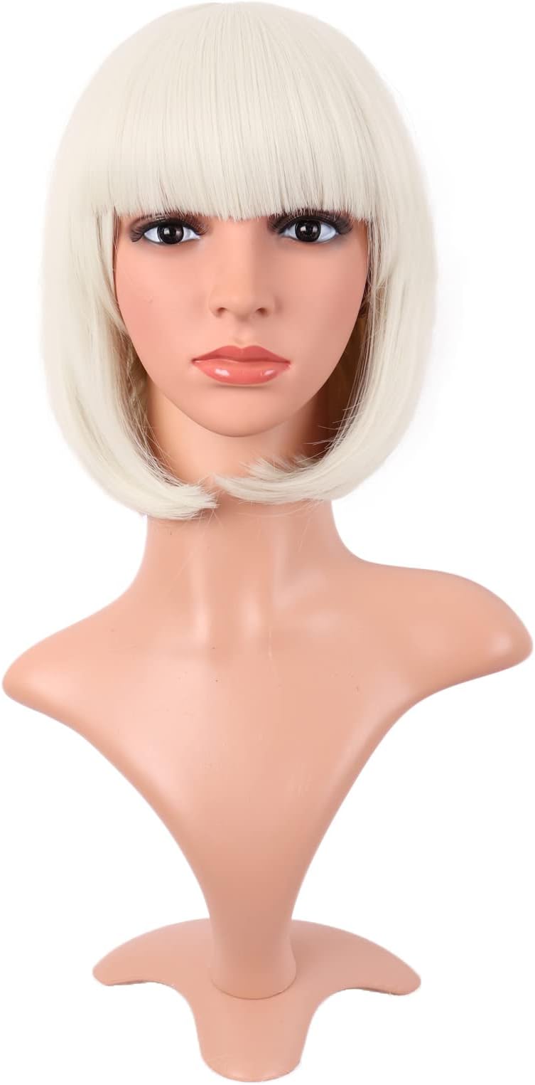 MapofBeauty 12 Inch Lady Short Straight Flat Bangs Bob Wig, Platinum Blonde | 30 cm Wig, Synthetic, Fashion, Natural