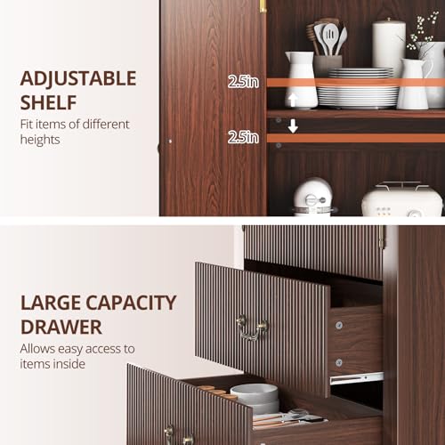 FURSUN 71" Tall Fluted Arched Cabinet with Doors, Wood Pantry Storage Cabinet with 2 Large Drawers, Modern Versatile Bookcase for Living Room, Kitchen, Dining (Dark Walnut)