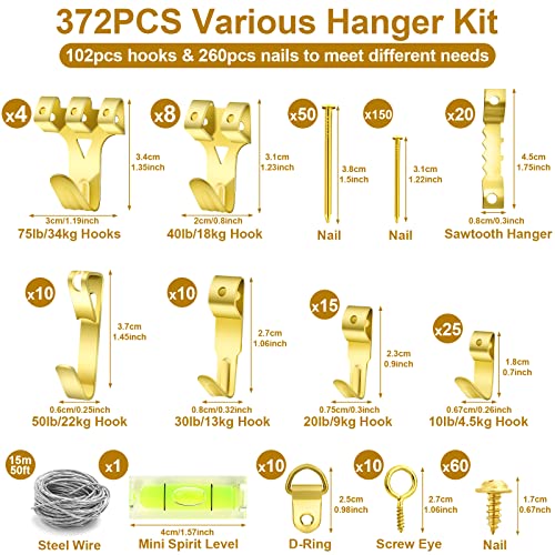 Mapvolut 372 Pcs Picture Hanging Kit, Picture Hangers, Heavy Duty Picture Frame Mirror Wall Hanging Hardware Hooks Kit With Nails For Hanging Pictures, Sawtooth Picture Hangers Wire Screw D Ring Level #TOP1