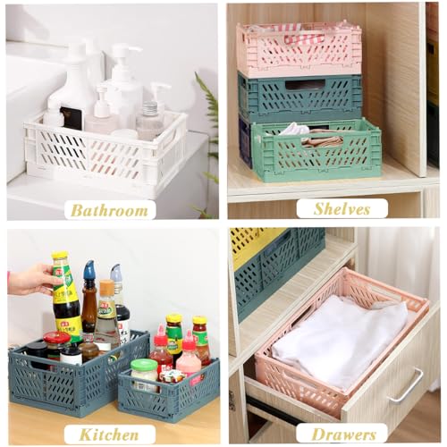 Aiuuee 6 Stücke Klappbox Stabil, 4 Stk Große Aufbewahrungskorb Faltbar (20,6x15x8,5CM) & 2 Stk Mini Klappkiste Plastik, Stapelbar Klappkorb Kunststoff Aufbewahrungskiste für Regal Büro Schlafzimmer