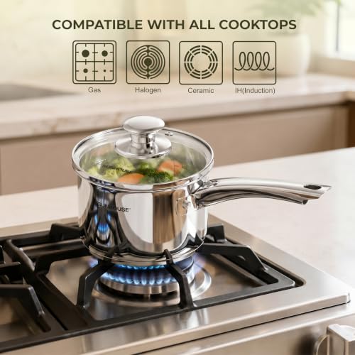 Image of SUNHOUSE 1.5 QT Stainless Steel Sauce Pan with Lid, Small Pot for Cooking | PFOA-Free Uncoated Milk Pan & Butter Warmer, Mini Saucepan with Impact Bonding Base for Induction, Gas, Electric
