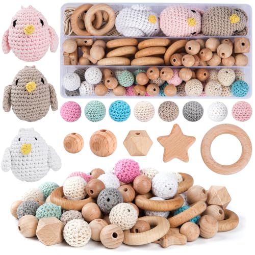 Lot de 96 perles rondes en bois de hêtre naturel avec trou pour macramé et loisirs créatifs DIY