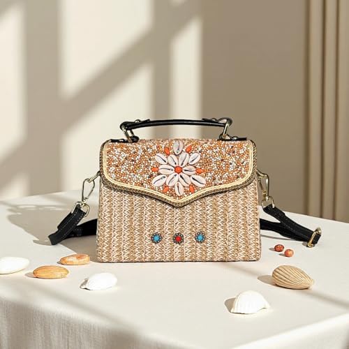 Beaded Purses Boho Straw Purse Alt Crossbody Bag Colorful Embroidered Beads Trendy Boho Straw Beaded Purse for Beach Travel2