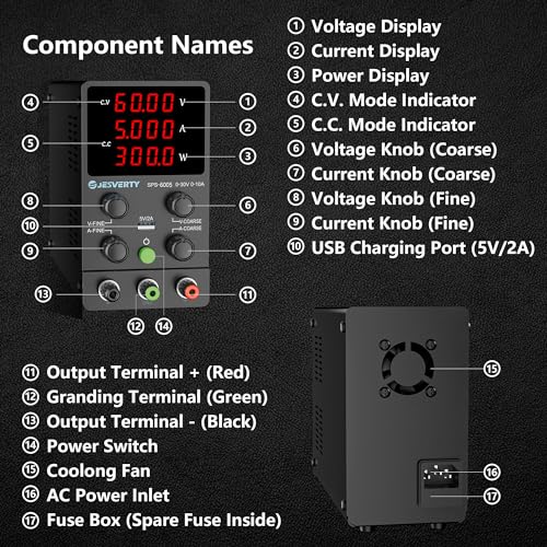 Image of DC Power Supply Variable, 0-60V 0-5A Adjustable Switching DC Regulated Bench Power Supply with High Precision 4-Digit LED Display, 5V /2A USB Port, Coarse and Fine Adjustment SPS-6005