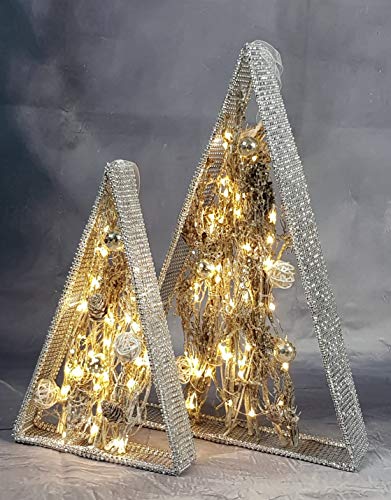 Piramide decorativa in filo metallico con rattan e perle 30 LED bianco caldo altezza 32 cm con funzione timer 6/18 h