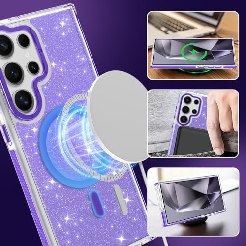 Image of Magnetic Case for Samsung Galaxy S24 Ultra [Compatible with Magsafe] [Bling Glitter Fluorescent Design] [1 Screen Protector] Slim Translucent Matte Case for Galaxy S24 Ultra 6.8 inch, Purple