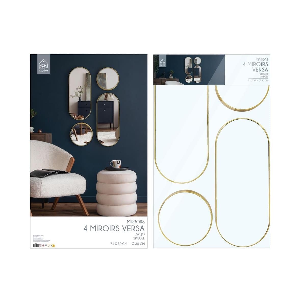 AltoBuy Lot de 4 Miroirs Muraux Décoratifs Rond et Ovale Versa Doré - Ionix