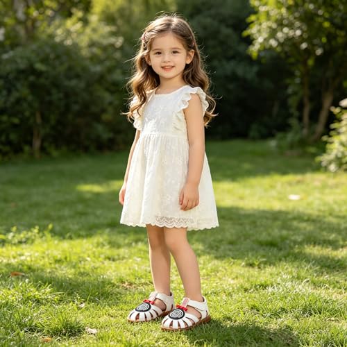 Image of Toddler Girl Sandals with Flower, Breathable Leather kids Closed Toe Sandals, Soft Rubber Non-Slip Summer Shoes for Little Girls 2-7 Years