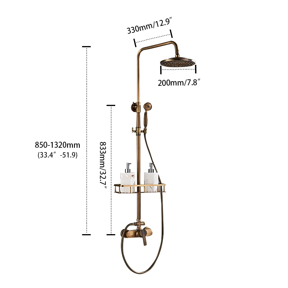 Antik Armature Duschset Regendusche Duscharmatur Messing Brause Nostalgie Dusch rund Duschsystem Handbrause mit Duschstange Satz Wandmontage Duschgarnitur Set Duschkopf Duschbrause Badzimmer Retro