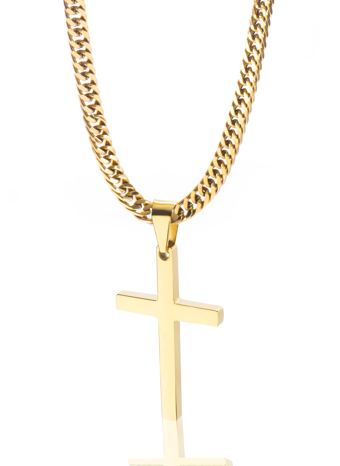 TuewutCross Necklace for Men, Silver Gold Stainless Steel Plain Cross Pendant Necklace for Men Cuban Chain 18-26 Inch