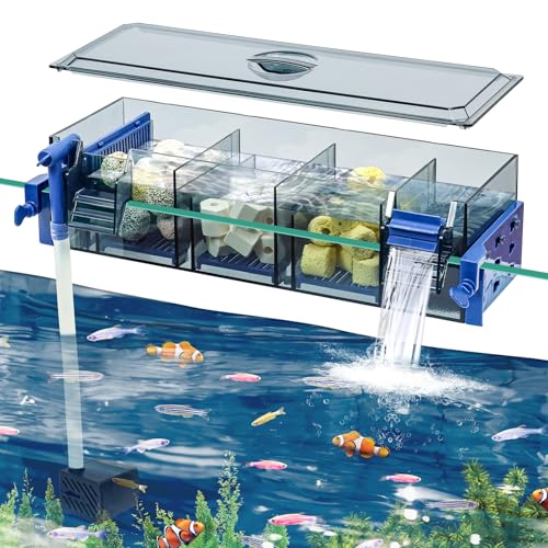 Bluecoco Multi Layer Aquarium Fish Tank Filter with Waterfall Oxygenation Suitable for 20-30 Gallon Fish Tanks, Flexible Mounting, Dust & Splash Protection