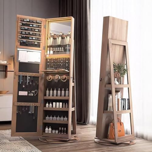 Rotating Floor-to-Ceiling Full-Length Mirror & Jewelry Cabinet, LED Lighted, Lockable Storage, 3-Function Switch, Stylish & Functional Home Organizer