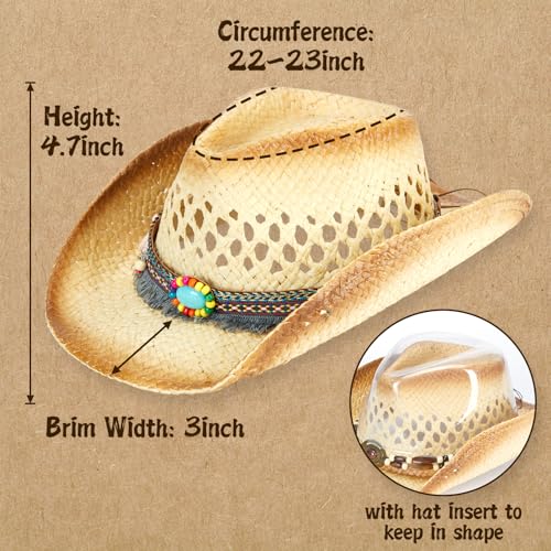 Image of Straw Cowboy Hat for Women & Men Western Cowgirl Hat Woven Sun Hat Adjustable Decorative Cowboy Hats with 5 Detachable Decorative Bands for Party Beach Travel & Outdoor Brown
