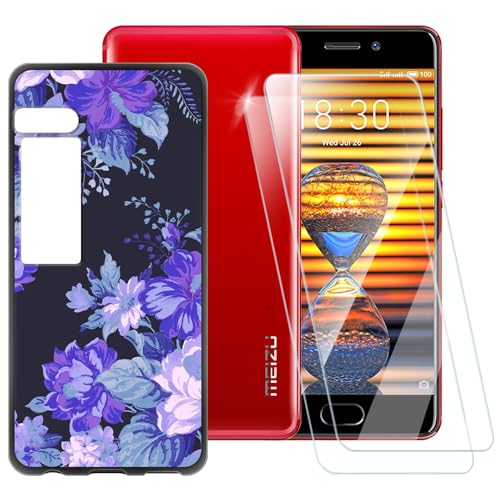 ESACMOT Funda con patrón de flores moradas compatible con Meizu Pro 7 + [2 unidades] Protector de pantalla de vidrio templado, funda a prueba de golpes para Meizu Pro 7 (5.2 pulgadas)