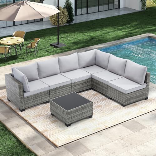 CANMOV 7 Pieces Patio Furniture Sets, All Weather Outdoor Patio Conversation Set PE, Wicker Sectional Rattan Sofa Couch with Glass Coffee Table for Garden, Poolside, Balcony, Backyard, Light Grey - Image 7
