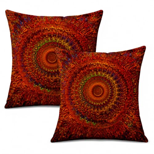 Image of Gemdoit Mandala Cushion Covers 45 X 45cm Set Of 2, Red Orange Psychedelic Boho Cushion Covers Square Decorative Pillowcases For Sofa Couch Bedroom Living Room, Abstract Art Home Decor 18 X 18 Inch