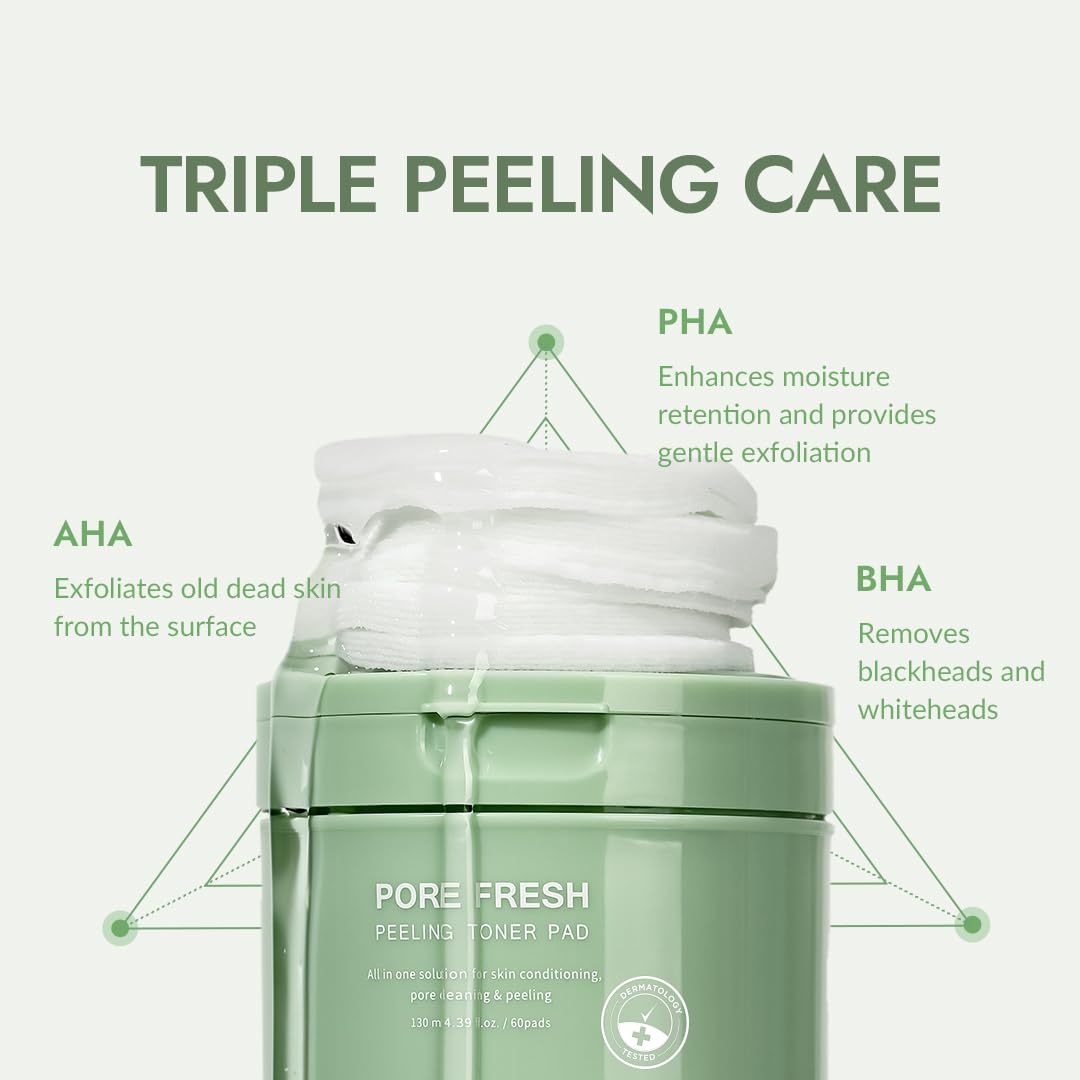MIZON Pore Fresh Peeling Toner Pads with AHA BHA PHA, Tea Tree & Turmeric Extracts, Gentle Exfoliation & Deep Cleansing, Cotton Soothing Exfoliating Pore Tightening for Face (60 PCS)