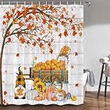 Fall Shower Curtain, Farmhouse Pumpkin Fall Shower Curtain for Bathroom, Fall Bathroom Set Watercolor Floral Leaves Rustic Fall Thanksgiving Harvest Farmhouse Shower Curtain, Hooks Include 72'x72'