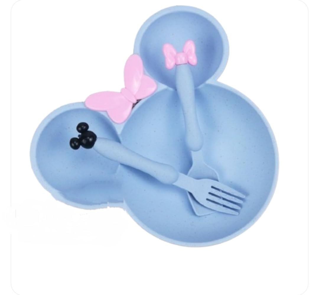 Cute Cartoon Theme Eco-Friendly Wheat Straw Natural Bamboo Fibre Dinner Set for Kids, Toddlers & Babies 1 Plate, 1 Spoon and 1 Fork | Mickie Plate Set (Blue)-image-15