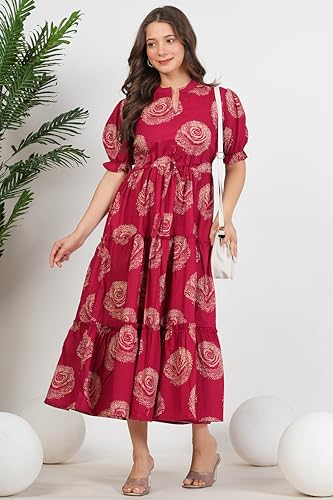Image of Monique Brand Women's /Girls Cotton Kurta for Women Floral Printed Regular Fit Anarkali Kurta ||Floral Flared Western Dress