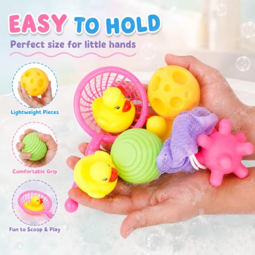 Image of Zest 4 Toyz Chu Chu Duck Baby Bath Tub Toys Squeeze Soft Balls and 3 Duck Animal Toys with net and Bath Sponge for Toddler Kids - Pack of 8