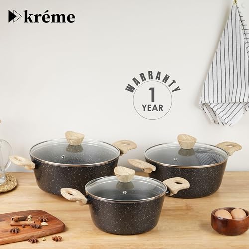 Image of Kreme Venetia Premium Series 6-Piece Granite Casseroles Cookware Set with Lid | Non-Stick Aluminium Cooking Pot | Granite Coating | Induction & Gas Stove Compatible | Healthy Low-Oil Cooking, Grey