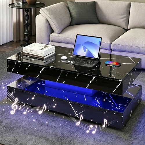 PLRSOZIM 47.2 LED Smart Coffee Table with Bluetooth Speaker Wireless Charging Modern High Gloss Marble Print Center Table with 2 Storage Drawers Controlled RGB Lights for Living Room Black