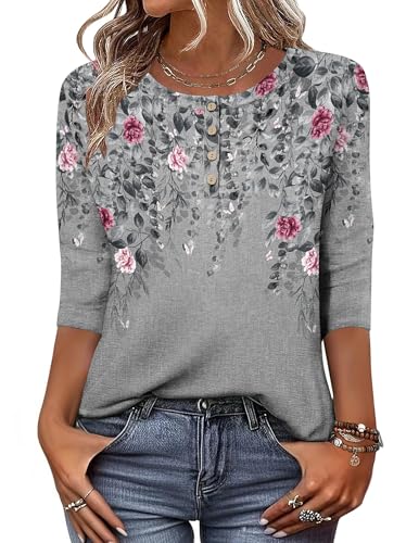 Zeagoo Womens Tunic Tops Dressy Casual Round Neck Work Blouses Three-Quarter Sleeve Shirts Floral Print Summer Loose Fit Tee XL