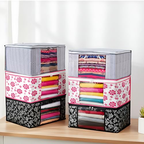 Image of Non-Woven Saree & Clothes Storage Bags | Wardrobe Organizer with Heavy-Duty Zipper | Set of 6 (Black, Red & Grey Floral Print) | Foldable Dust-Proof Closet & Bedroom Storage