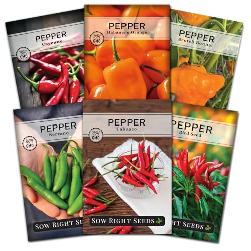 Sow Right Seeds - Hot Pepper Seed Collection for Planting - Includes Orange Habanero Serrano Thai Cayenne Tabasco Scotch Bonnet - Non-GMO Heirloom Varieties to Plant a Home Vegetable Garden