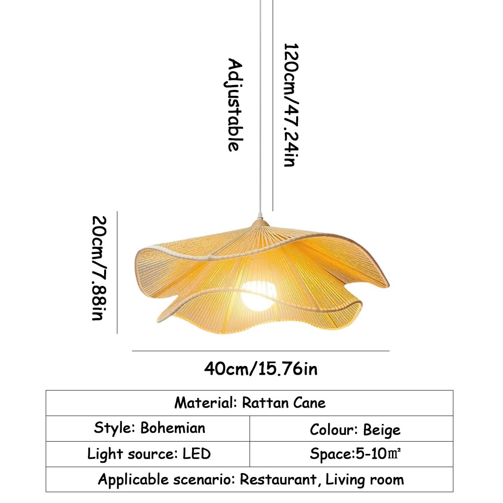 Lustre En Osier LED Suspension Tressé À La Main Lustre Rétro En Forme De Pétales Lampe Table À Manger Moderne Style Bohème Idéal Pour Salle À Manger Îlot De Cuisine Salon(Beige,40cm)