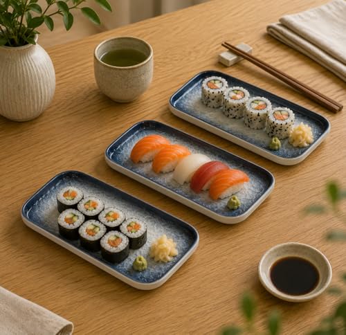 Image of Beyond Homes Ceramic Serving Tray Set of 3 | 8 Inch Rectangular Serving Plates | Premium Ceramic Platters for Sushi Dimsum Momos Snacks Starters & Appetizers | Microwave & Dishwasher Safe, Grey