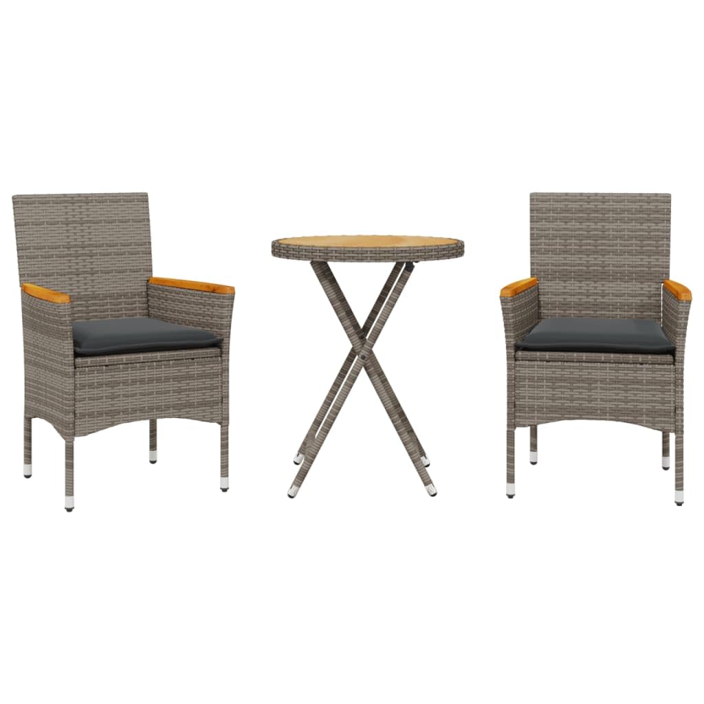 Set da 3 pezzi, grigio con cuscini in polyrattan e legno di acacia, per giardino, balcone o terrazza