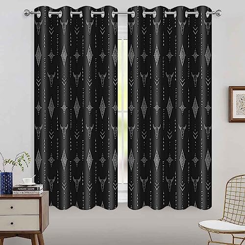 AHBEWIN - Tribal Aztec Print Window Curtain Panels 2 Pack, Western Bull Skull Native Tribal Boho Design Aztec Pattern, Room Darkening Grommets Window Curtains for Living Room 52x63in (Slightly Gray, Not White)