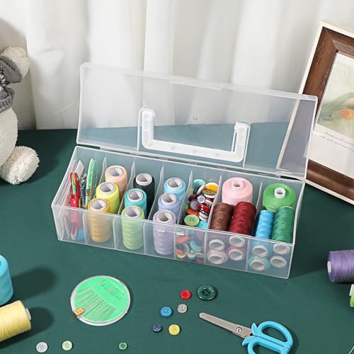 Image of JUXYES Pack of 2 Clear Plastic Storage Bin with Lid and Handle, Portable Storage Box with 7 Compartments, Semi-Transparent Organizer Box for Embroidery and Sewing Threads, Crafts, Fly Tying Chenille