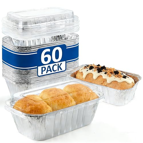 Image of Findful 60 Pack 6"x3.5"x2" Disposable Aluminum Loaf Pans with Chear Lids, 1 lb Mini Foil Loaf Pans & Food Containers,Small Aluminum Tin Foil Baking Pan for Cakes, Bread, Meat, Loaves