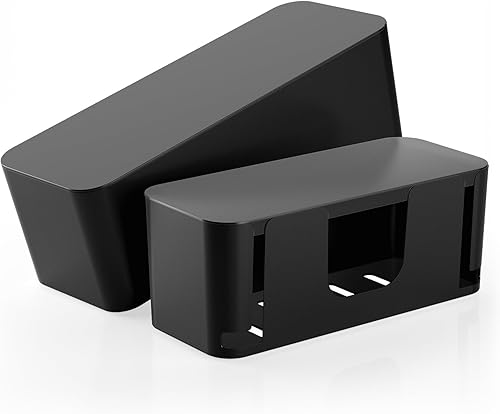 DELAMU Paquete de 2 cajas de organizador de cables color negro, caja organizadora de cables grandes para escritorio de juegos, hogar, oficina,