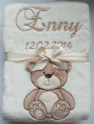 Babydecke mit Namen und Datum bestickt Geschenk Geburt 802001 (Beige mit Teddybär)