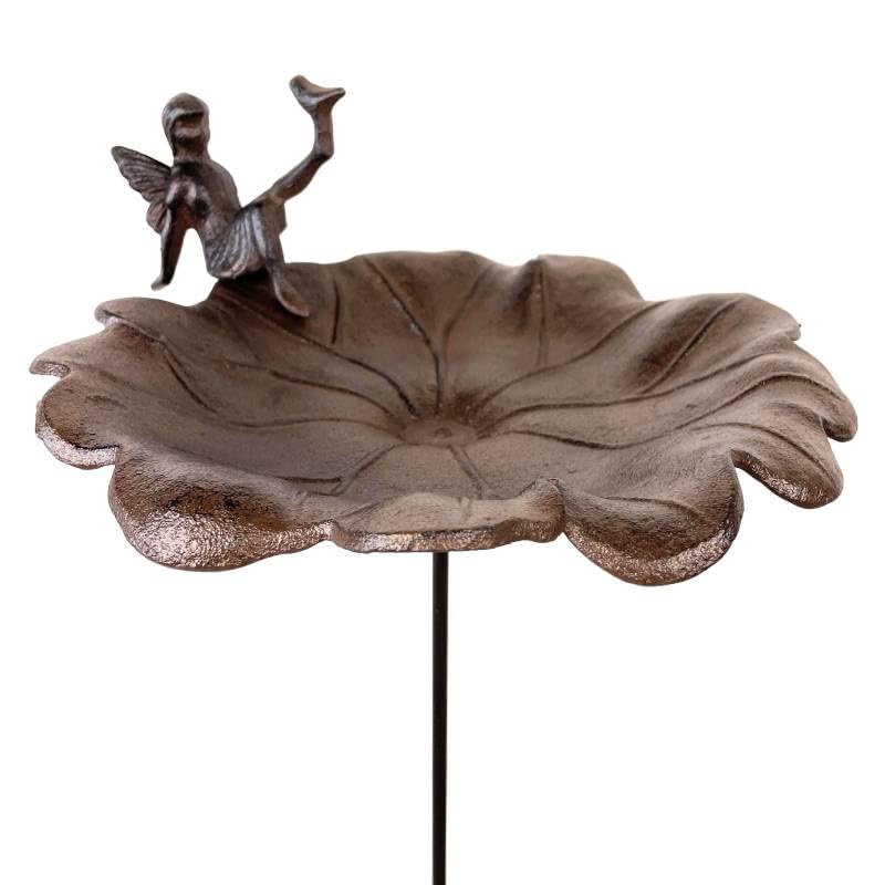 L'Héritier Du Temps Vogeltränke auf Stab, Vogeltränke, Vogelhaus, aus Gusseisen, Braun, Weihkpfer mit Vögeln, Motiv Fee, 28 x 28 x 123 cm