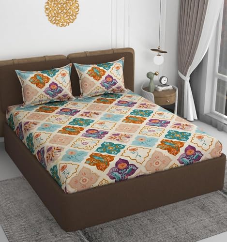 Image of VOMZER Cotton King Size Flat Bedsheet for Double Bed, 1 Cotton Bed Sheet Double Bed (90x100 Inches) with 2 Pillow Cover, Bird Flower