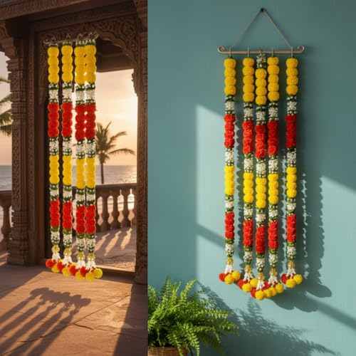Image of iHandikart Pack of 2 Artificial Multicolor Marigold Garlands with Jasmine & Daisy Leaves (64 Inch) - Premium Floral Strings for Pooja, Temple, Wedding Backdrop, Diwali, Haldi & Mehandi Home Decor