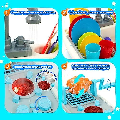 Juego de juguetes de cocina con fregadero de agua corriente y parrilla para niños 2